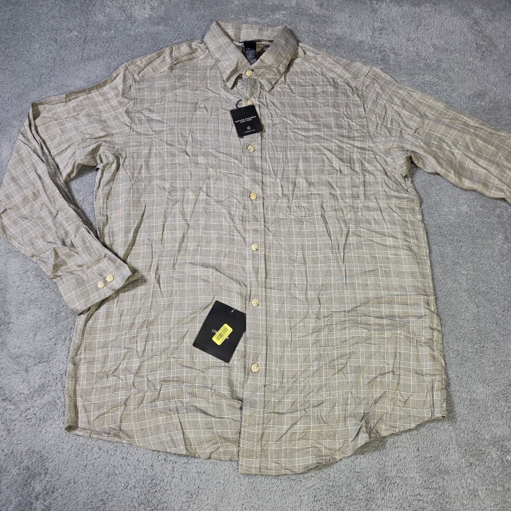 Claiborne‎ Mens XL Button Up Shirt Tan Grey Plaid Rayon Long Sleeve MWRU2125